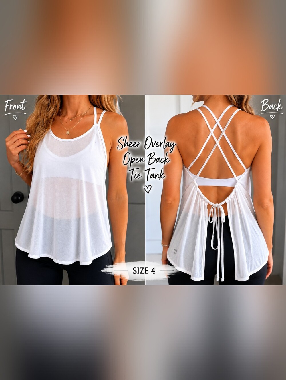 Lululemon Sheer Overlay Open Back Tie Tank Size 4 White Flowy